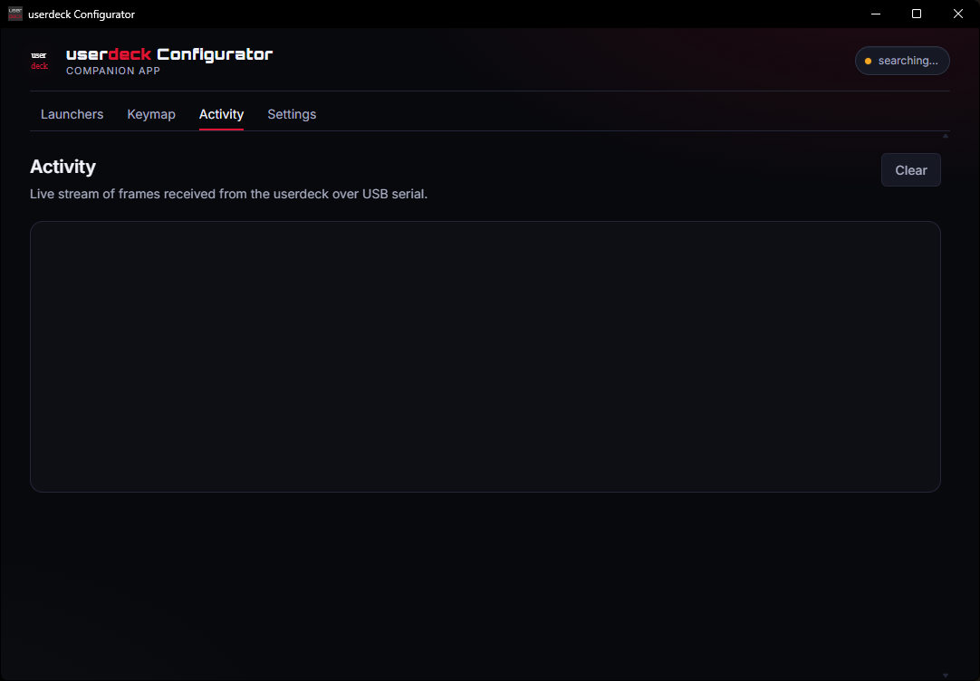 The Activity tab, a live JSON stream of frames received from the userdeck over USB serial