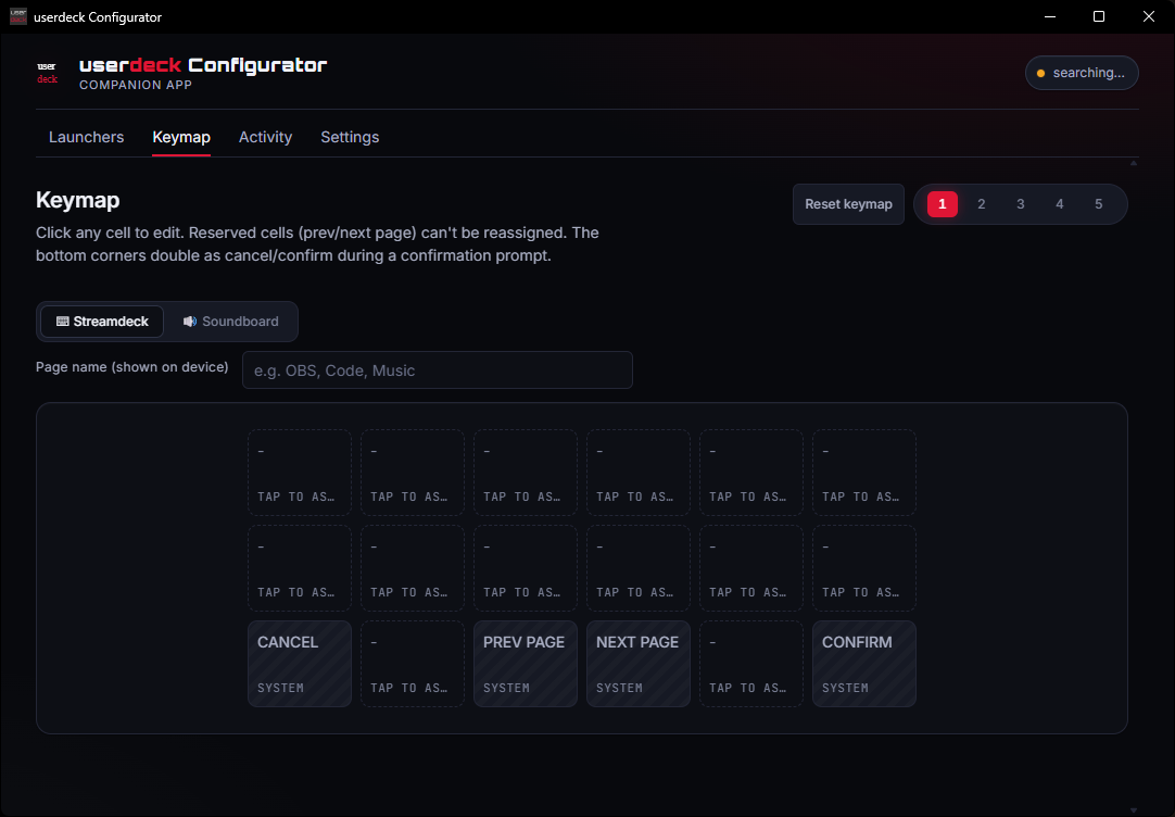 The userdeck Configurator Keymap tab, showing the 3x6 button grid across 5 pages with reserved prev/next page and cancel/confirm cells