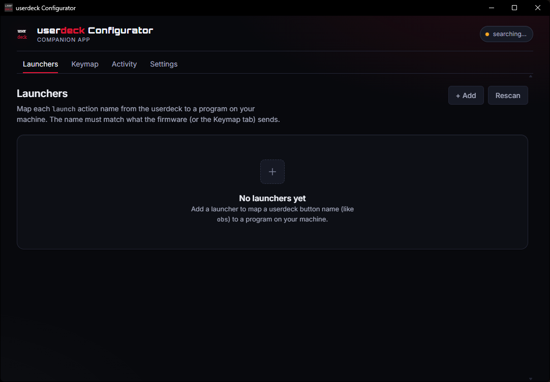 The Launchers tab, mapping button names like obs to programs on your machine