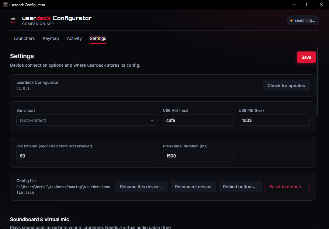The Settings tab, showing USB IDs, idle timeout, the config file path, device actions, and soundboard setup