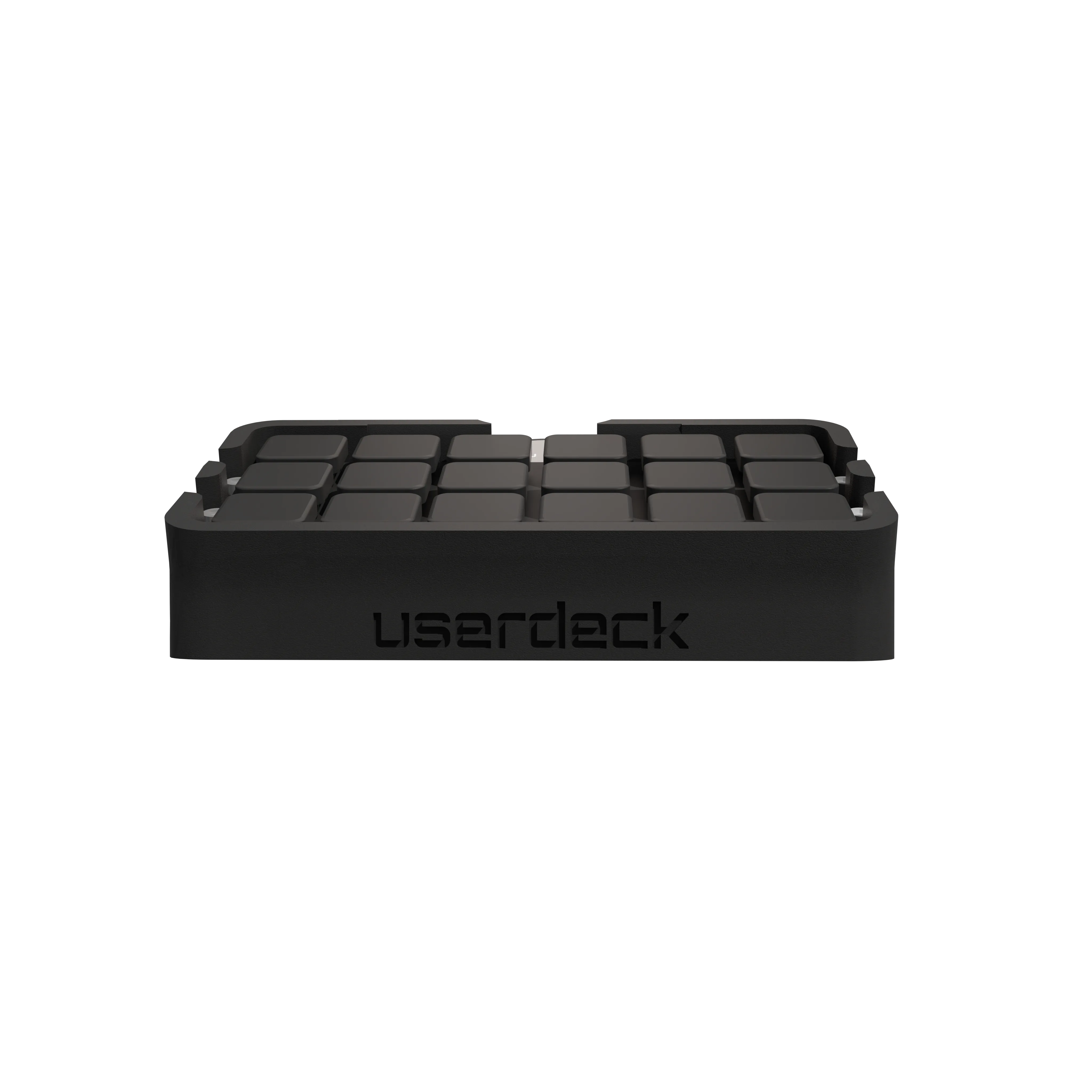 Studio render of the assembled userdeck enclosure, a 3x6 grid of keycaps with the userdeck logo across the front