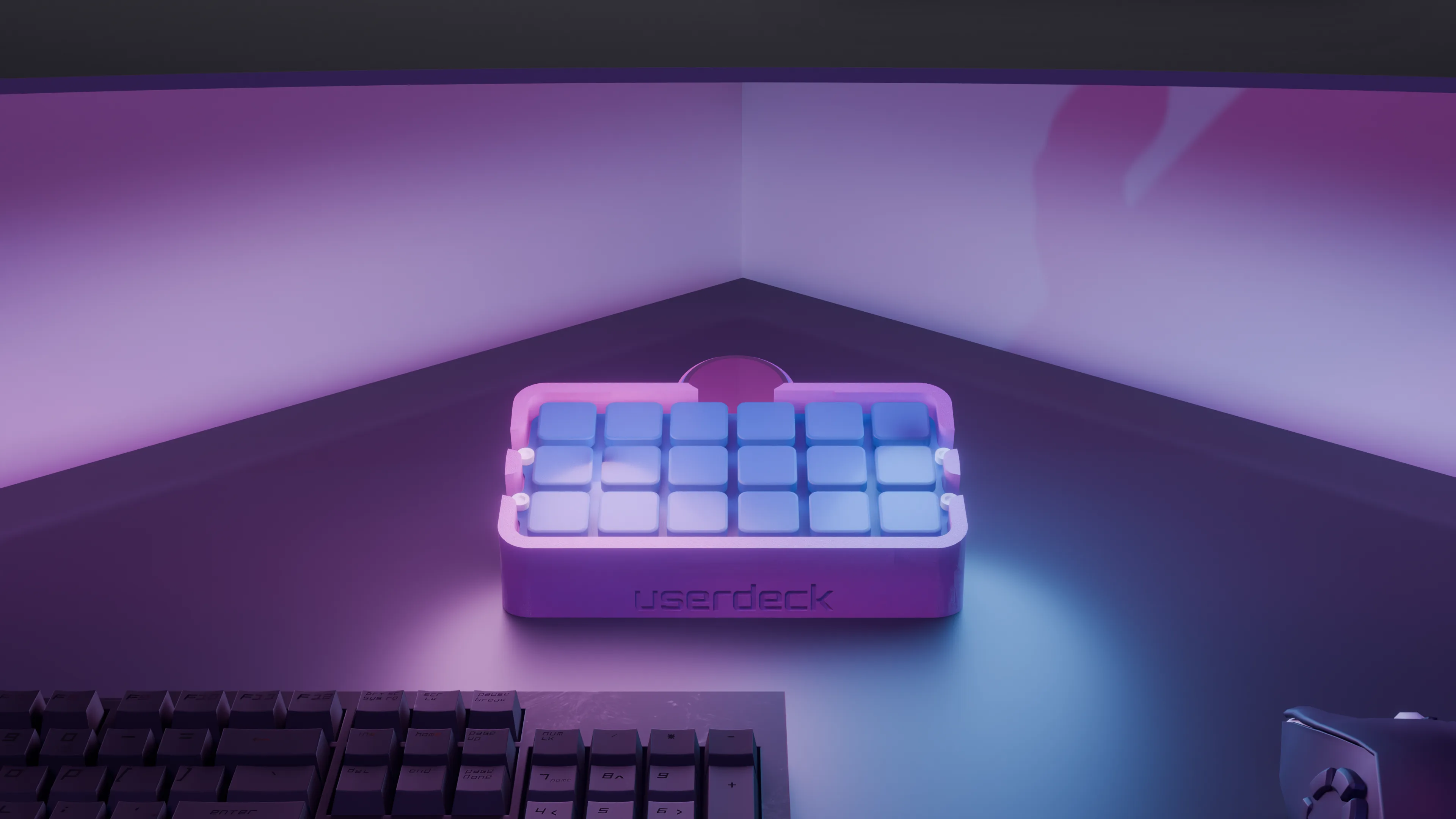 Close render of the userdeck shell with the logo across the front edge